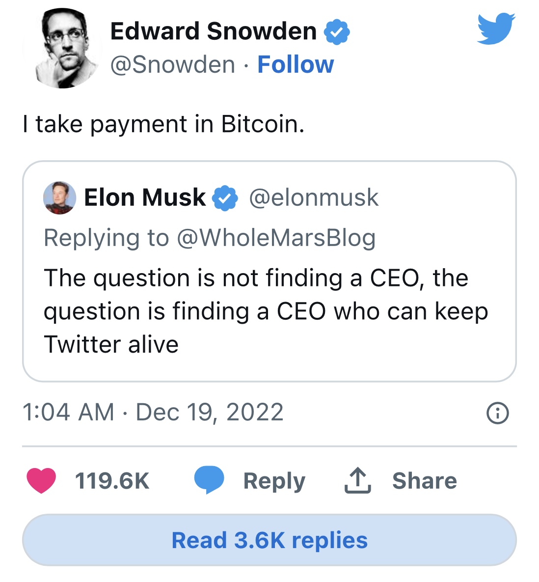 Edward Snowden is interested in becoming CEO of Twitter in exchange for  Bitcoin